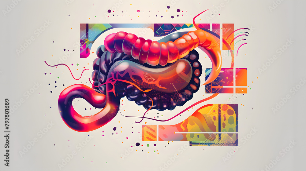Poster digital illustration of the human stomach with a backdrop of an abstract. rectangular pattern and a 