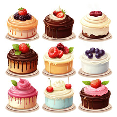 Set of cakes with berries, fruits, cream and chocolate filling. Delicious holiday baked goods. Cream sponge cakes