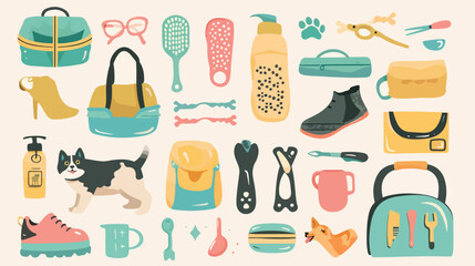 Different pet care accessories on light background vector