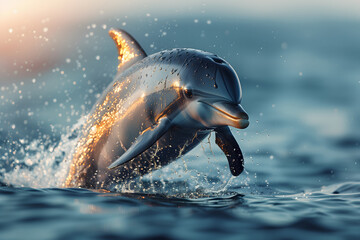 Dolphin jumping out of water, wildlife, cinematic - obrazy, fototapety, plakaty
