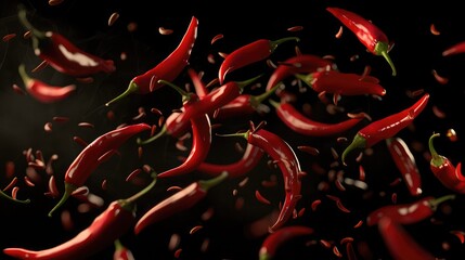 Group of Red Hot chili pepper at black background,Flying red hot chili peppers isolated on black background, Spicy food concept, hot chilli peppers flying up in the air. Freeze motion
