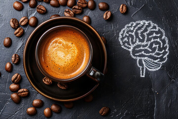 AI generated illustration of a Coffee cup resting on a chalkboard surrounded by coffee beans - Powered by Adobe
