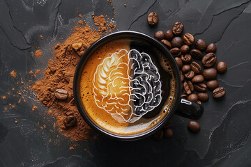 AI generated illustration of a Coffee cup resting on a chalkboard surrounded by coffee beans - Powered by Adobe