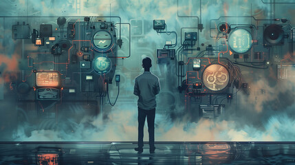 The innovators oasis. A man stands confidently in front of a vast machine room, surrounded by the hum of technology in a modern marvel of artificial intelligence and innovation
