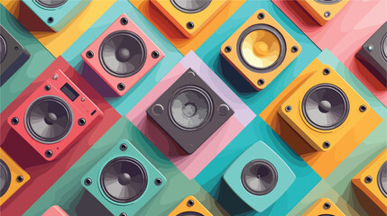 Different wireless portable speakers on color background