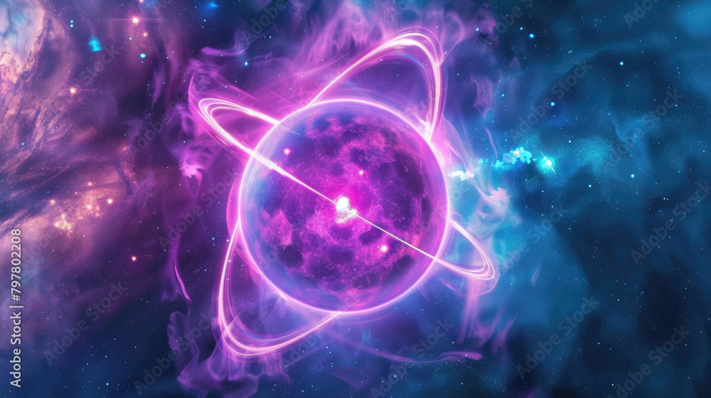 Poster a surreal scene in outer space featuring a prominent purple and blue object floating amidst the vast