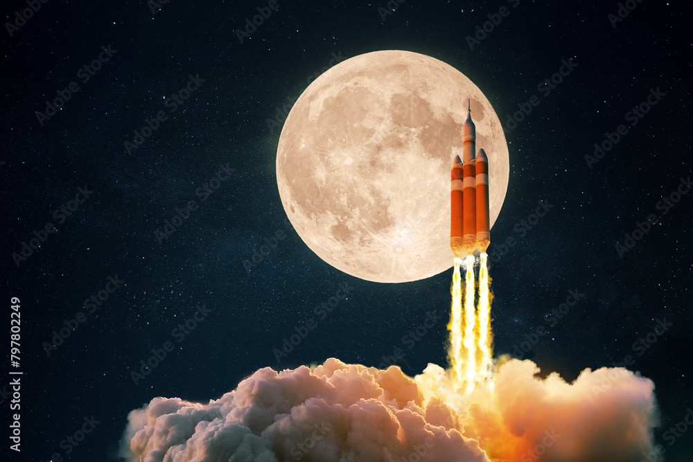 Poster new space rocket with smoke and clouds takes off into the sky with full moon. shuttle spaceship lift