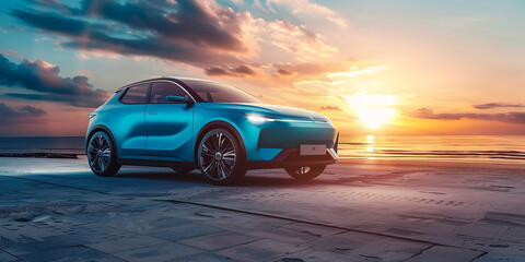 Blue compact SUV car with sport and modern design parked on concrete road by sea beach at sunset. New shiny SUV car drive for travel on summer vacations with road trip. Front view of electric car 4k 
 - obrazy, fototapety, plakaty