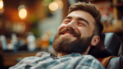 Joyful bearded man enjoying a moment of relaxation in a barbershop chair - obrazy, fototapety, plakaty