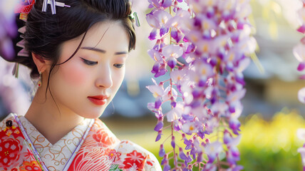 Fototapeta premium 藤の花と着物を着た若い女性