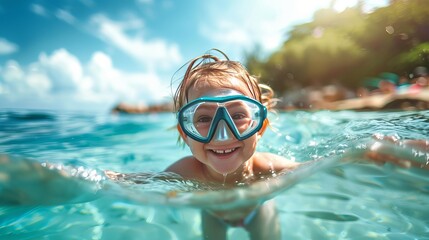 Naklejka premium A playful little girl in a swimsuit enjoys the water at the beach, wearing a mask and snorkel for snorkeling fun.