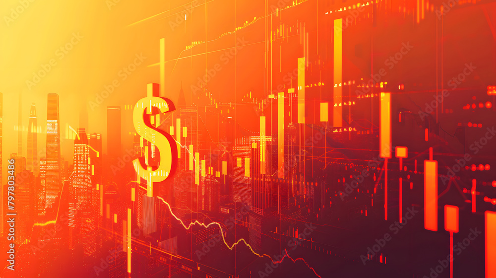 Poster digital landscape with stock market data and charts on the right. a dollar mark in the front