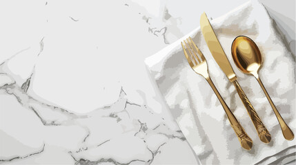 Elegant table setting with golden cutlery and folded