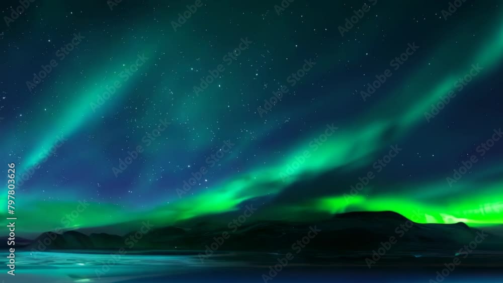 Wall mural an artistic interpretation of the aurora borealis, featuring smooth waves of green light against a t