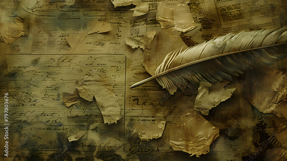 Poster digital representation of a quill over an ancient scroll. with torn pieces symbolizing the appreciat