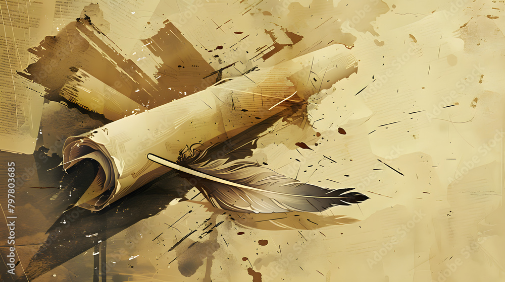 Poster digital representation of a quill over an ancient scroll. with torn pieces symbolizing the appreciat