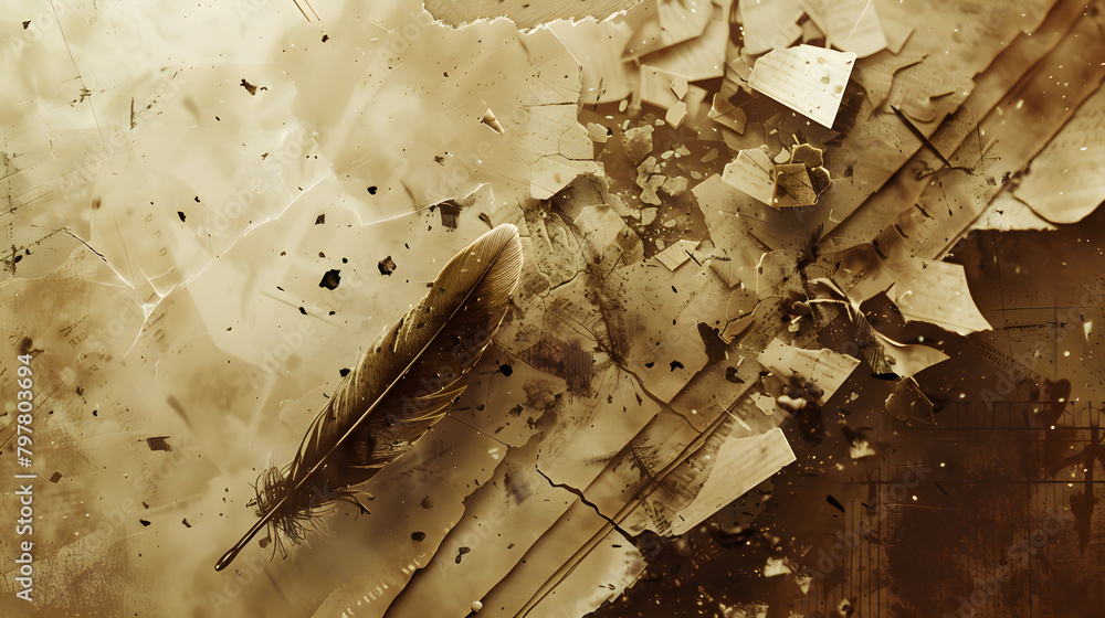 Poster digital representation of a quill over an ancient scroll. with torn pieces symbolizing the appreciat