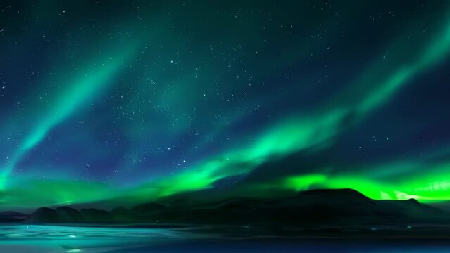An artistic interpretation of the aurora borealis, featuring smooth waves of green light against a tranquil arctic blue background. A natural atmospheric phenomenon. Neon blue abstract background