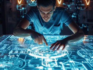 High-angle shot of an engineer fine-tuning a CAD design, set against a backdrop of digital blueprints.