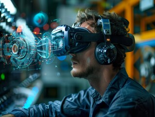 High-definition image of a mechanical engineer immersed in a virtual reality CAD design environment.