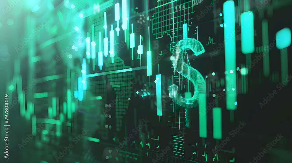 Poster digital setting with stock market diagrams and charts on the right. a dollar sign in the forefront