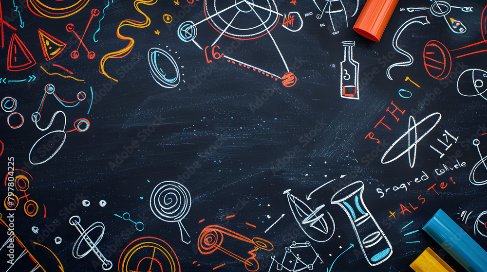 Poster educational backdrop featuring a blackboard adorned with doodles of mathematical symbols and icons. 