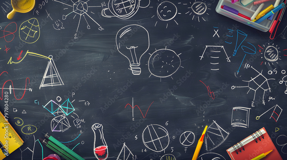 Poster educational backdrop featuring a blackboard adorned with doodles of mathematical symbols and icons. 