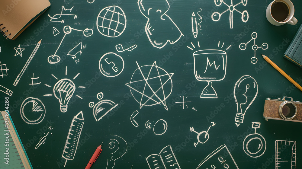 Poster educational backdrop featuring a blackboard adorned with doodles of mathematical symbols and icons. 