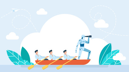 Human and robot cooperation concept. Group of businessmen rowing a boat and robot humanoid with telescope. Robotic technology teamwork success strategy leadership concept. Vector illustration