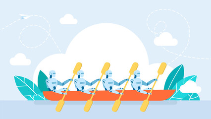 Synchronous work of Artificial Intelligence. Coordination. Group of robots humanoid rowing a boat. Robotic technology teamwork success strategy leadership concept. Vector illustration