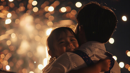 打上げ花火と親子