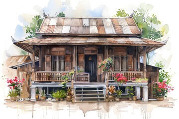 Watercolor painting of a Thai style wooden house in a garden.