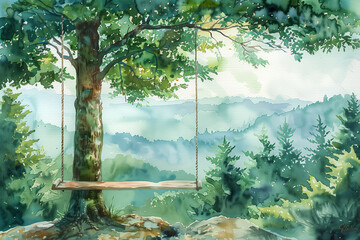 Watercolor painting of a mountain swing hanging from a large tree in the forest.