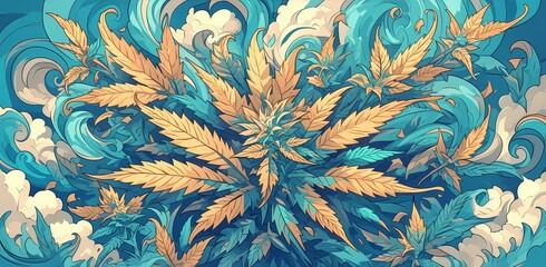 cannabis leaf in the style of colorful cartoon, dark background, trippy clouds and cannabis plants in the foreground 