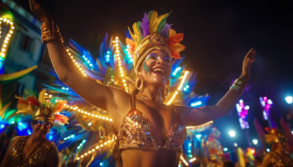 Vibrant carnival dancer latino woman smiling joyfully amidst colorful feathers and elaborate costume, radiating happiness. Her infectious energy, dazzling attire capture spirit of carnival festivities
