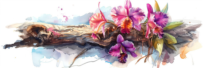 A watercolor painting of an orchid clinging to a rotten piece of wood.