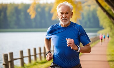 Elderly man running to stay healthy, vital, enjoying physical activity and relaxation outdoors