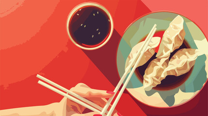 Female hand with chopsticks Chinese dumplings 