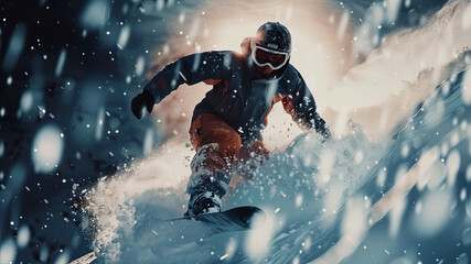 snowboarder doing tricks on the mountain, close up of snowboarder on the snow