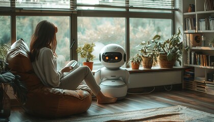 Chrono-bot Assistance, person interacting with a friendly AI robot companion specialized in time management. 