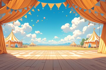 Circus tent stage background with copy space, circus tent and big top in the sky with clouds, fantasy circus tent