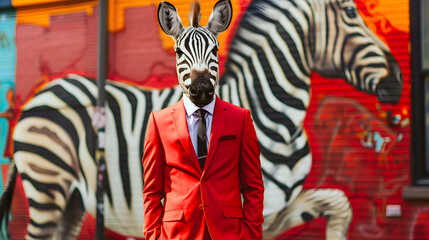 Obraz premium full body shot of anthropomorphic zebra red suit and black tie. photo-realistic