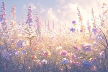 Colorful wildflowers in an open field, with the sun casting warm light on them.