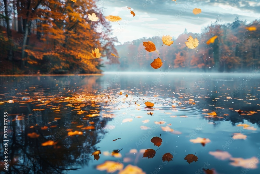 Poster an enchanting view of vibrant autumn leaves floating on a calm lake with misty forest backdrop