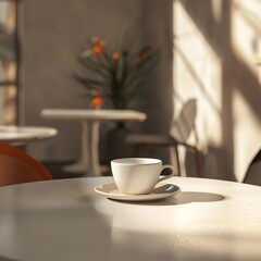 Single White Espresso Cup in Sunlit Modern Cafe