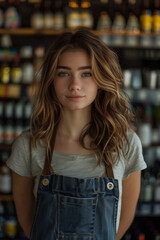 A Caucasian female employee in an apron manning the liquor shelves in a department store is looking confidently at the camera.