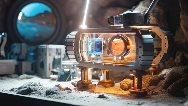 A detailed model of a space rover on a simulated alien landscape, evoking the exploration and discovery of extraterrestrial worlds. Scientific discoveries in astronomy. Artificial intelligence