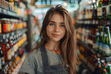 A Caucasian female employee in an apron manning the liquor shelves in a department store is looking confidently at the camera.