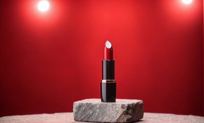 Fashion Red Lipstick over red background. Lipstick on a stone podium . Beautiful Make-up concept