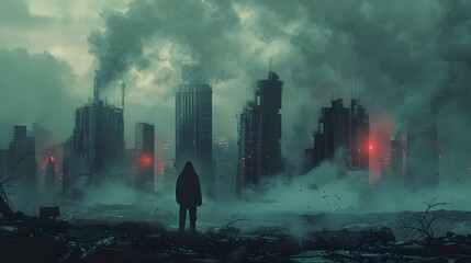 Digital artwork of a solitary figure observing the desolate ruins of a once bustling city now enveloped in smog and glowing with ominous lights, Digital art style, illustration painting.